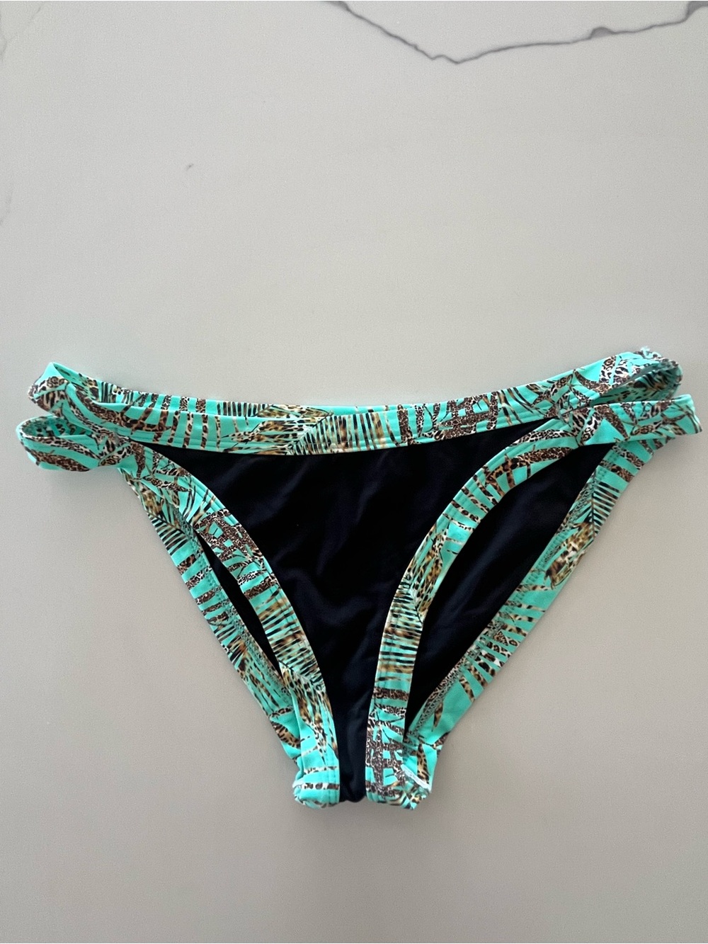 L*Space Teal Palms & Pool Leopard Print Strappy Side Bikini Bottoms Size Medium